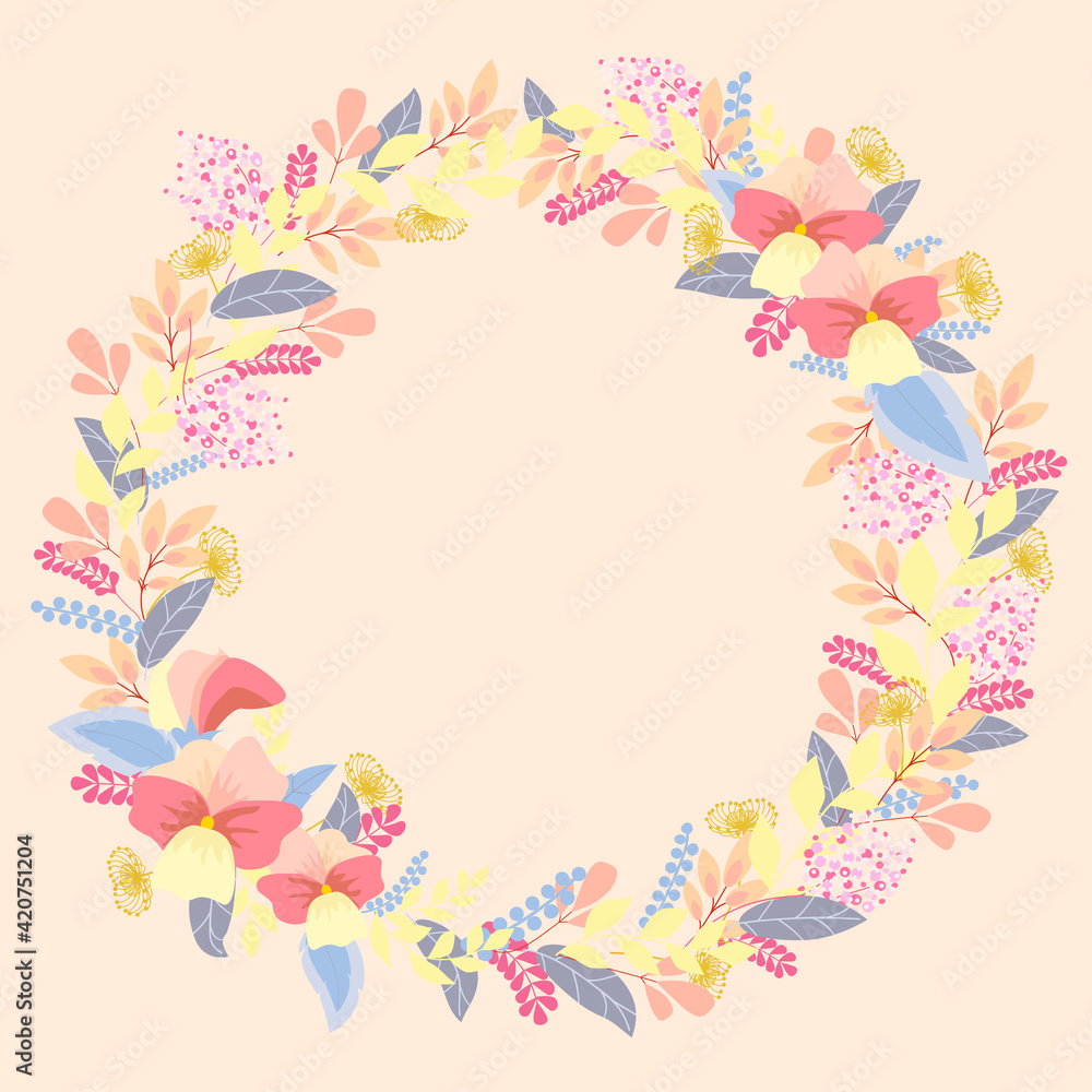 Beautiful spring floral wreath. Bright illustration, can be used as creating card, invitation card for wedding,birthday and other holiday and cute summer background.Flat lay.Copy space