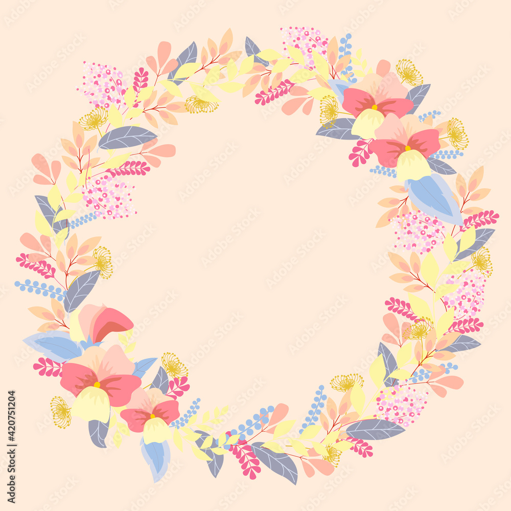 Beautiful spring floral wreath. Bright illustration, can be used as creating card, invitation card for wedding,birthday and other holiday and cute summer background.Flat lay.Copy space Beautiful spring floral wreath. Bright illustration, can be used as creating card, invitation card for wedding,birthday and other holiday and cute summer background.Flat lay.Copy space