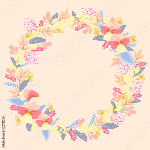 Beautiful spring floral wreath. Bright illustration  can be used as creating card  invitation card for wedding birthday and other holiday and cute summer background.Flat lay.Copy space