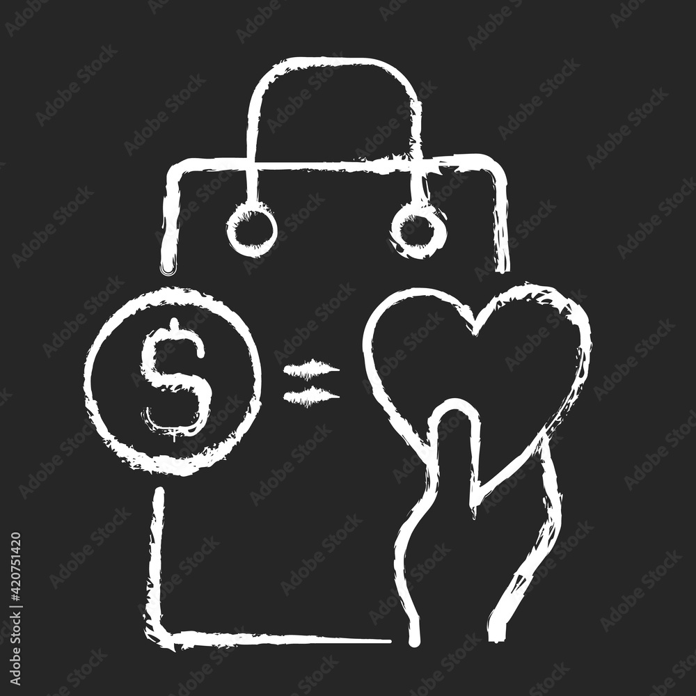 Money from purchases going to charity chalk white icon on black background. Buy and donate. Charity and loyalty programs. Benefits and rewards. Isolated vector chalkboard illustration Money from purchases going to charity chalk white icon on black background. Buy and donate. Charity and loyalty programs. Benefits and rewards. Isolated vector chalkboard illustration