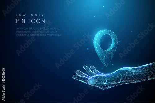 Abstract blue giving hand holds pin icon