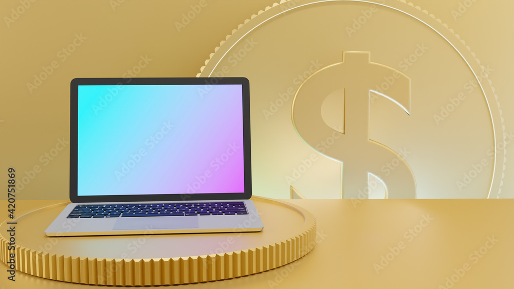 Front view of a laptop computer on the gold table and coin background. 3D rendering Front view of a laptop computer on the gold table and coin background. 3D rendering