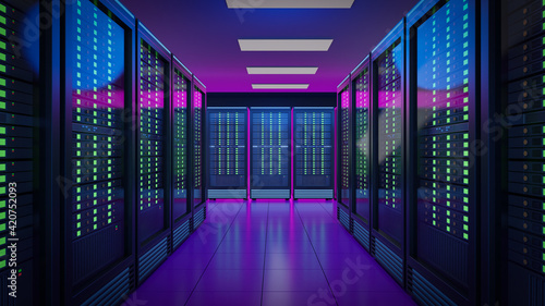 The row of hosting server racks container with pink blue light. 3D render illustration image. photo