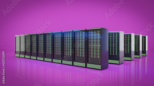 The row of hosting server racks container with purple background. 3D render illustration image.