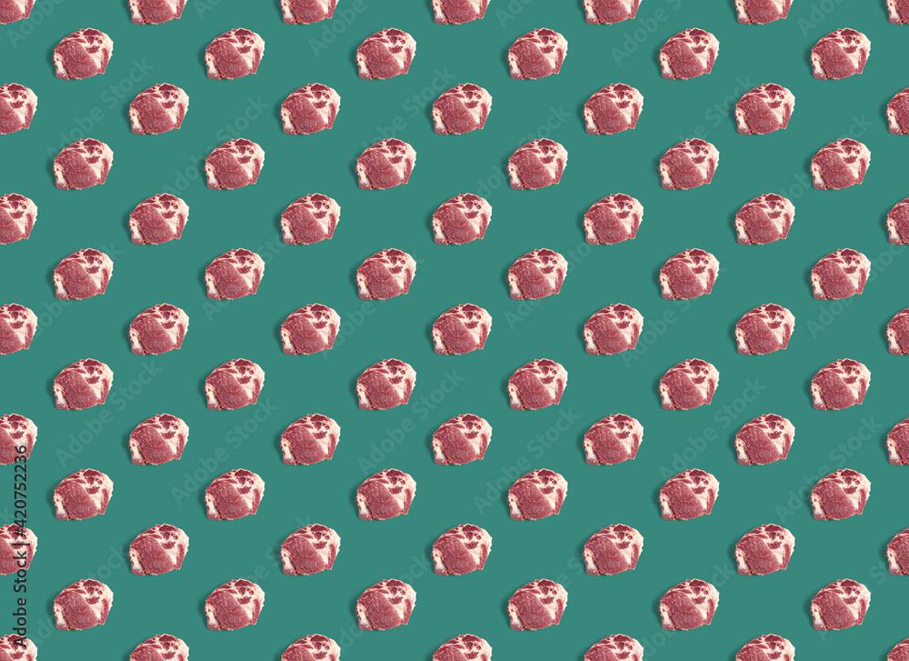 Seamless Pattern with raw pork meat slices on green background, food pattern