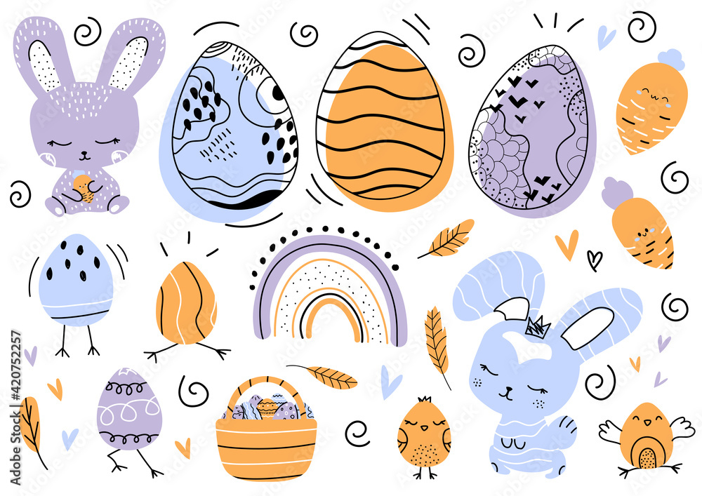 Easter set of cute bunnies, chickens, eggs, baskets, rainbows, carrots and ornaments. Ideal for postcards, invitations, sticker sets, posters, scrapbooking, tags. Flat hand-drawn vector illustration. Easter set of cute bunnies, chickens, eggs, baskets, rainbows, carrots and ornaments. Ideal for postcards, invitations, sticker sets, posters, scrapbooking, tags. Flat hand-drawn vector illustration.