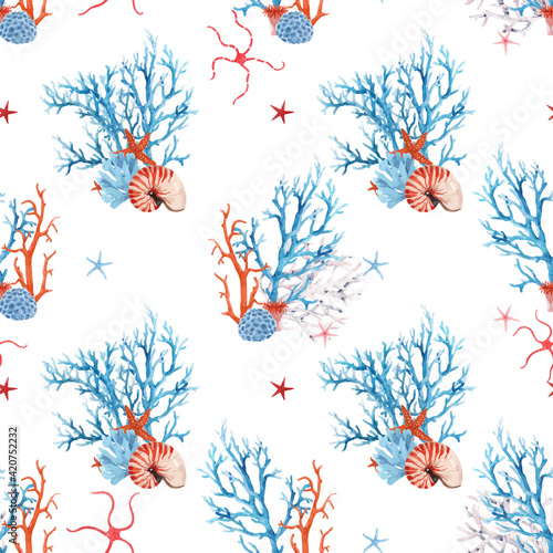 Beautiful vector seamless underwater pattern with watercolor sea life coral shell and starfish. Stock illustration.