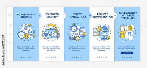 Compatibility with pos terminals onboarding vector template. Speedy transactions and enhanced security. Responsive mobile website with icons. Webpage walkthrough step screens. RGB color concept