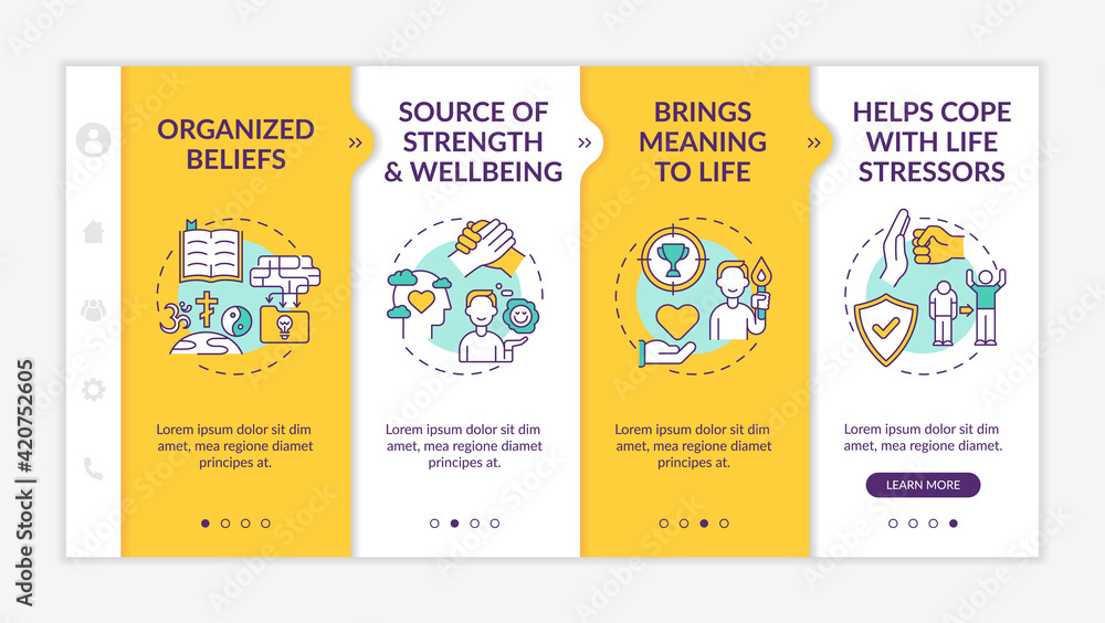 Religious experience onboarding vector template. Source of wellness, strength. Helps cope with life stressors. Responsive mobile website with icons. Webpage walkthrough step screens. RGB color concept