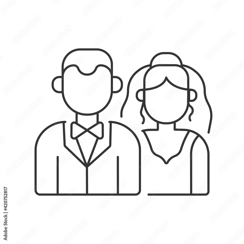 Wedding linear icon. Man and Woman Engagement ceremony. Thin line customizable illustration. Contour symbol. Vector isolated outline drawing. Editable stroke Wedding linear icon. Man and Woman Engagement ceremony. Thin line customizable illustration. Contour symbol. Vector isolated outline drawing. Editable stroke