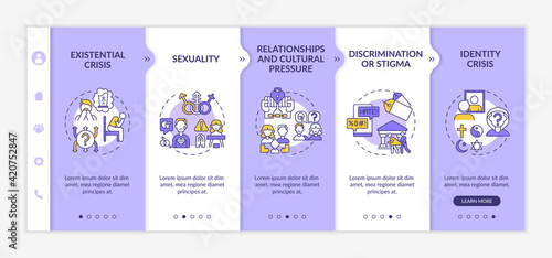 Religious conflicts onboarding vector template. Relationship and cultural pressure. Identity crisis. Responsive mobile website with icons. Webpage walkthrough step screens. RGB color concept