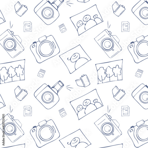 Photo equipment and photography seamless pattern. Cartoon style vector illustration.