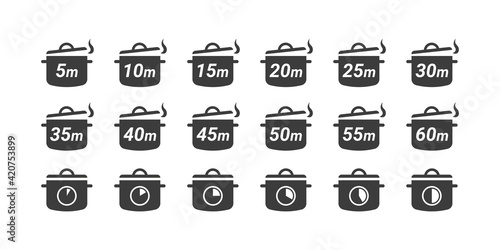Cook time minutes. Meal preparation time icons. Cook time icons. Boiling time. Frying time icons. Flat style. Vector illustration