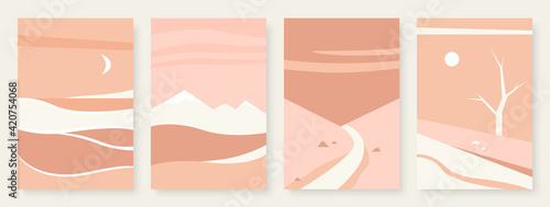 Mountain abstract landscape vector illustration set. Simple minimal nature mountainous scenery in pastel color, tree, road natural scene, vertical modern wall template background