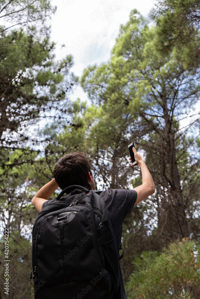 Young man lost in a forest and looking for a signal on his phone. Vertical shot. Young man lost in a forest and looking for a signal on his phone. Vertical shot.
