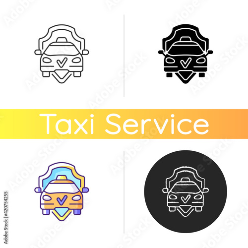 Safe ride icon. Transportation service. Reliable insurance. Convenient and fast city transport. Car ordering. Taxi insurance. Linear black and RGB color styles. Isolated vector illustrations