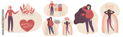Concept of mental health. Girls without psychological problems, in the head of flowers and a folded puzzle, Happy people with different skin colors. Vector illustration in a flat linear style