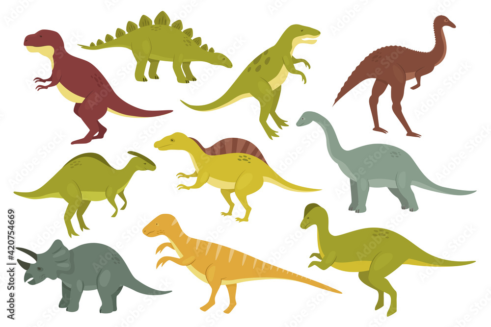 Prehistoric dinosaurs vector illustration set. Cartoon ancient wild animal monsters dino collection with stegosaurus raptor tyrannosaurus brontosaurus spinosaurus styracosaurus isolated on white