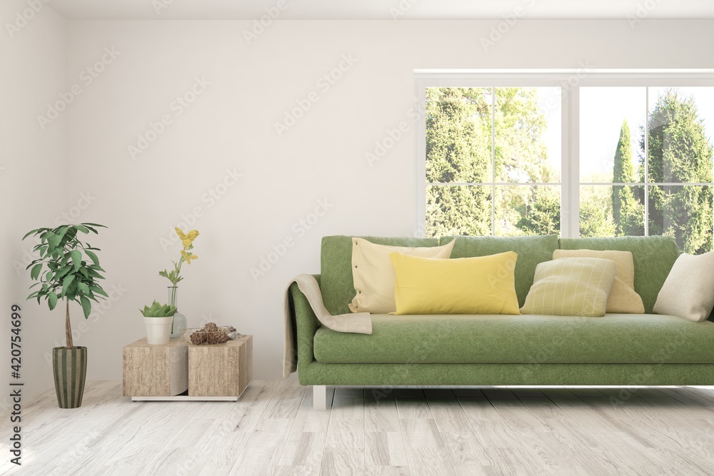 White living room with sofa and summer landscape in window. Scandinavian interior design. 3D illustration White living room with sofa and summer landscape in window. Scandinavian interior design. 3D illustration