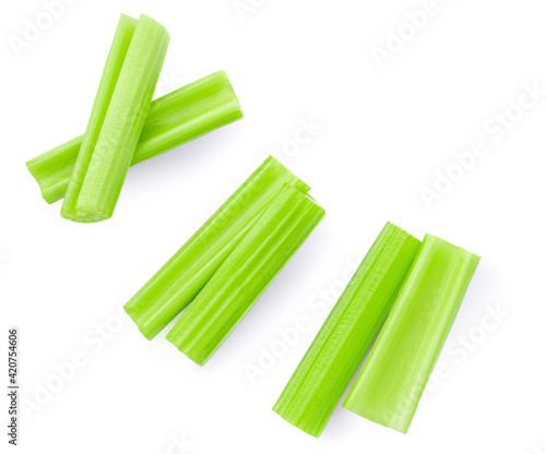 Celery  isolated on white background. Fresh green Celery stiks  top view. Flat lay.