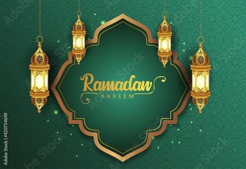 ramadan kareem greetings. golden lantern hanging background  .vector illustration design photo