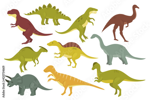 Prehistoric dinosaurs vector illustration set. Cartoon ancient wild animal monsters dino collection with stegosaurus raptor tyrannosaurus brontosaurus spinosaurus styracosaurus isolated on white
