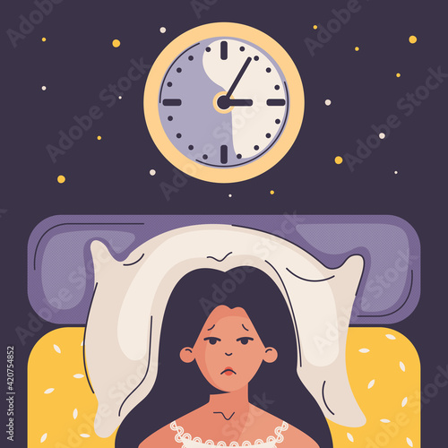 Insomnia woman. Girl lying in bed, trying to fall asleep in room with clock. Female character suffers from insomnia. Sleep disorder, sleeplessness concept. Vector illustration in flat cartoon design