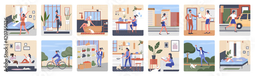 Woman daily routine vector illustration set. Cartoon everyday life scenes of young woman character sleeping in bed, cooking and eating food at home, doing exercise sports, working and playing with dog
