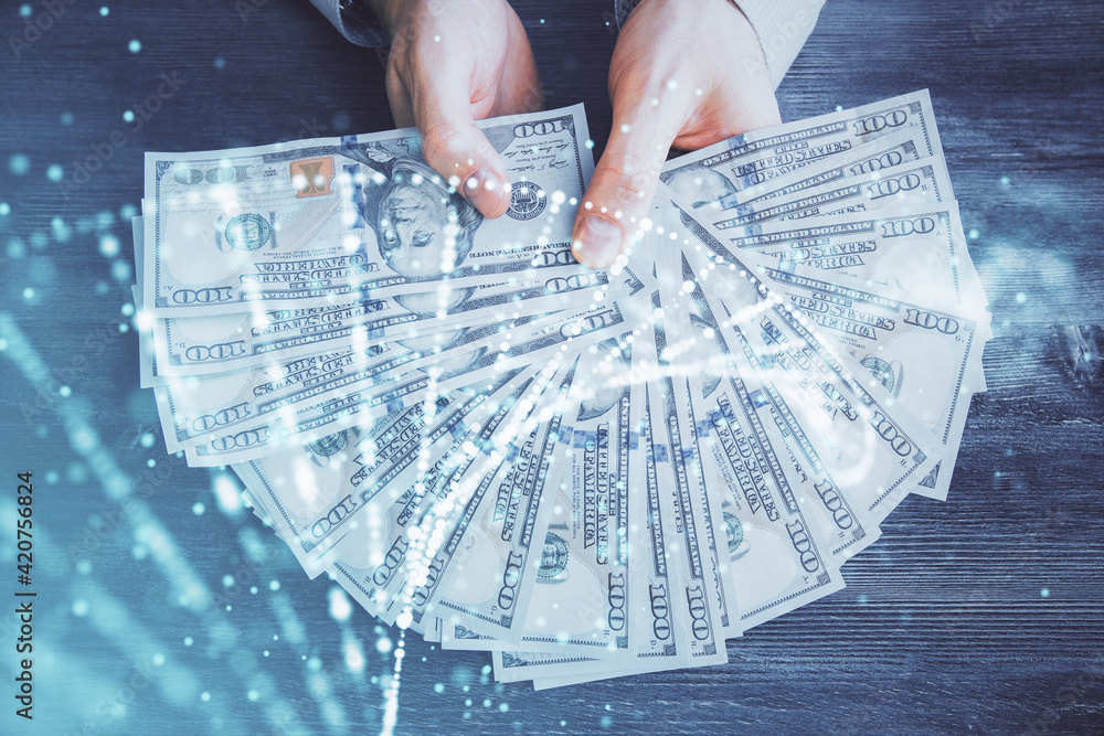 Multi exposure of dna drawing hologram and USA dollars bills and man hands. Medical education concept. Multi exposure of dna drawing hologram and USA dollars bills and man hands. Medical education concept.