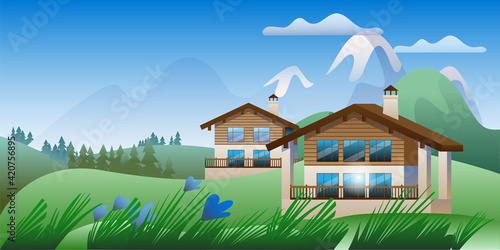 Summer mountain landscape with houses. Image of an Alpine Chalet on the background of a mountain landscape. A template of horizontal banner.