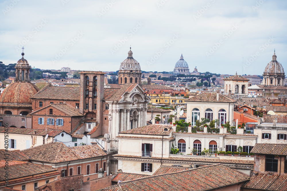 Rome panorama, Lazio, Italy, beautiful panoramic vibrant summer wide view of Roma and Vatican, with cathedrals, cityscape and scenery beyond the city, seen from observation deck