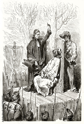 death penalty by garrote in Spain. Death was caused by strangulation on gallows in front of soldiers and inquisitor. Ancient grey tone etching style art by Dore, Le Tour du Monde, 1862 © Mannaggia