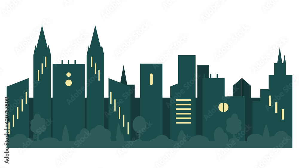 Night city silhouette, buildings with windows, simple design in flat style. Abstract city view with trees, horizontal banner. Flat vector illustration