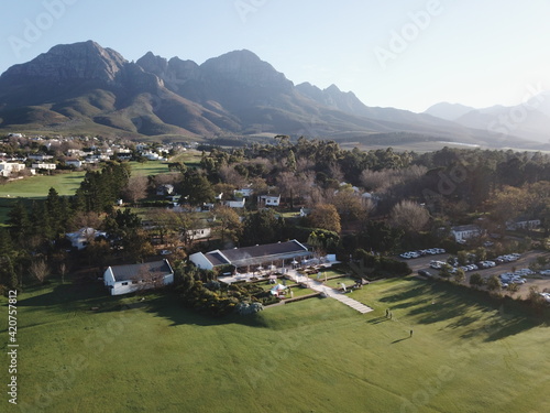 Aerial view of Helderberg Mountain and Lourensford Wine Estate in Cape Town, South Africa photo