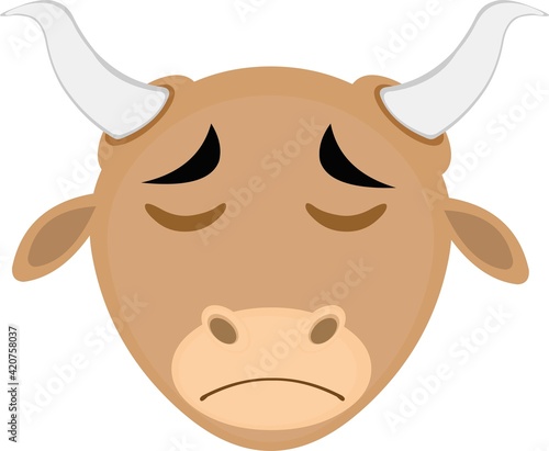 Vector illustration of a bull's head emoticon with a sad expression and emotion