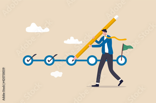 Project tracking, goal tracker, task completion or checklist to remind project progress concept, businessman project manager holding big pencil to check completed tasks in project management timeline.