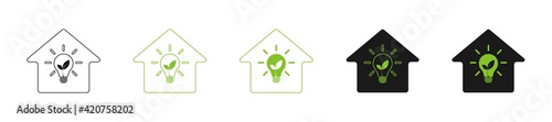 House with green leaves light natural energy lamp. Set of icons. Illustration