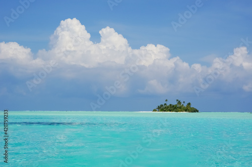 Uninhabited tropical island with palm trees. empty space with beautiful turquoise lagoon