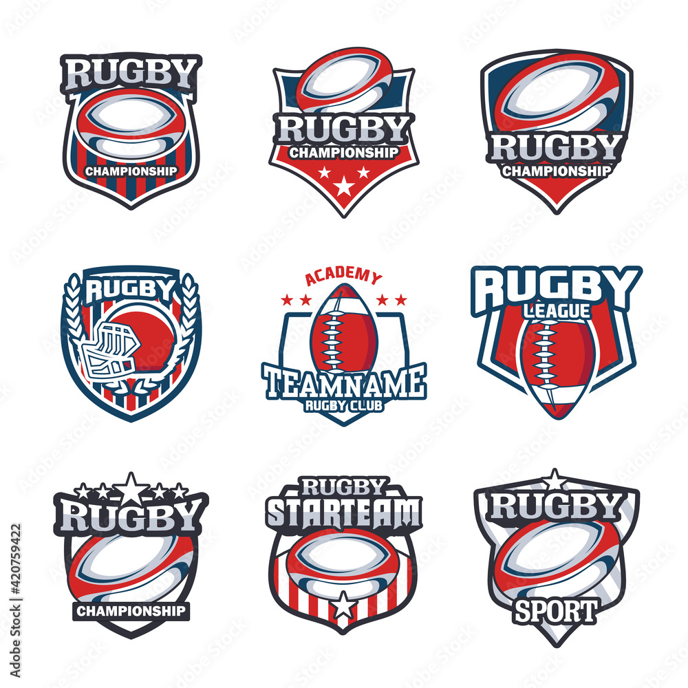 Naklejka premium Set of Rugby club emblem. American Football badge shield logo, Rugby ball team game club elements, Vector Logo Illustration Fit to championship or team