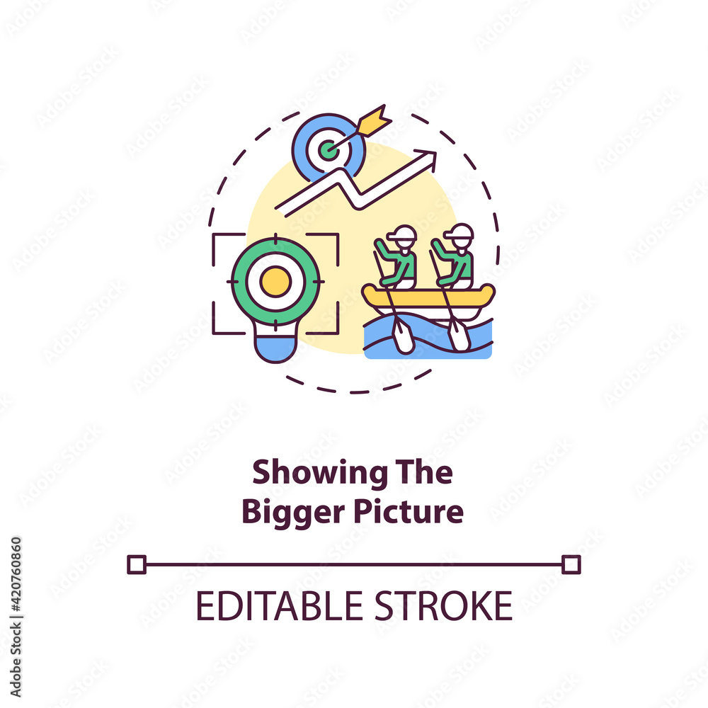 Showing bigger picture concept icon. Important work of employee idea thin line illustration. Worker job satisfaction and engagement. Vector isolated outline RGB color drawing. Editable stroke