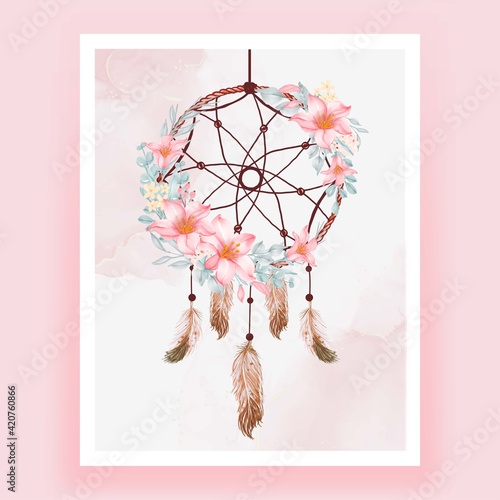 Watercolor dream catcher flower pink peach feather