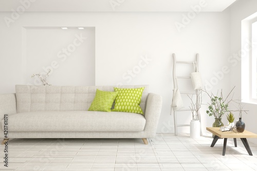 White living room with sofa. Scandinavian interior design. 3D illustration