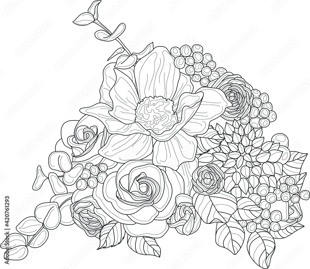 Realistic rose and peony flower bouquet with leafs sketch template. Cartoon vector illustration in black and white for games, background, pattern, decor. Coloring paper, page, story book, print