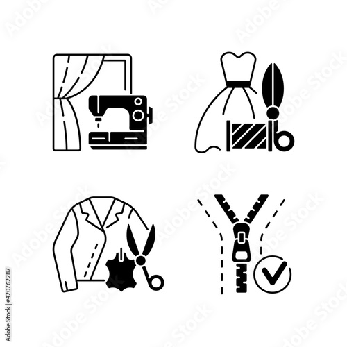 Clothes repair service black linear icons set. Professional upholstery. Sewing machine. Leather jacket. Textile and fabric alteration. Glyph contour symbols. Vector isolated outline illustrations