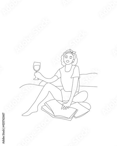 Sketch portrait of a young woman sitting on the bed using facial mask drinking wine and reading fashion magazines  line art