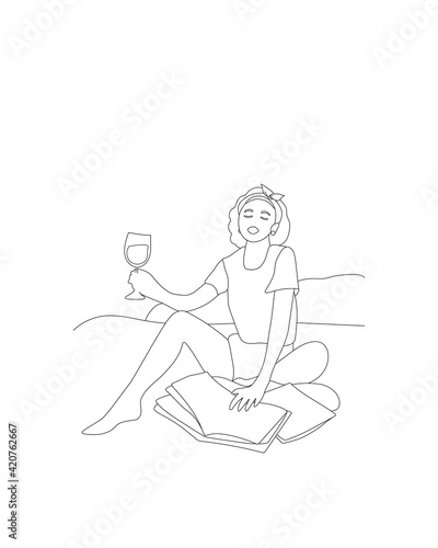 Sketch portrait of a young woman sitting on the bed using facial mask drinking wine and reading fashion magazines, line art