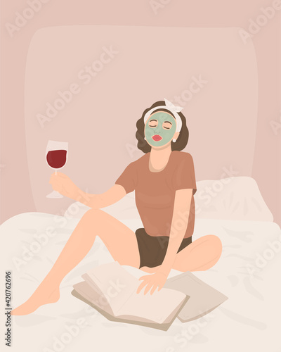 Hand drawn vector portrait of a young woman sitting on the bed using facial mask drinking wine and reading fashion magazines