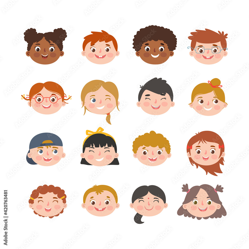 Smiling children faces with different hair and skin color. Multiethnic children collection. Isolated vector illustration. Smiling children faces with different hair and skin color. Multiethnic children collection. Isolated vector illustration.