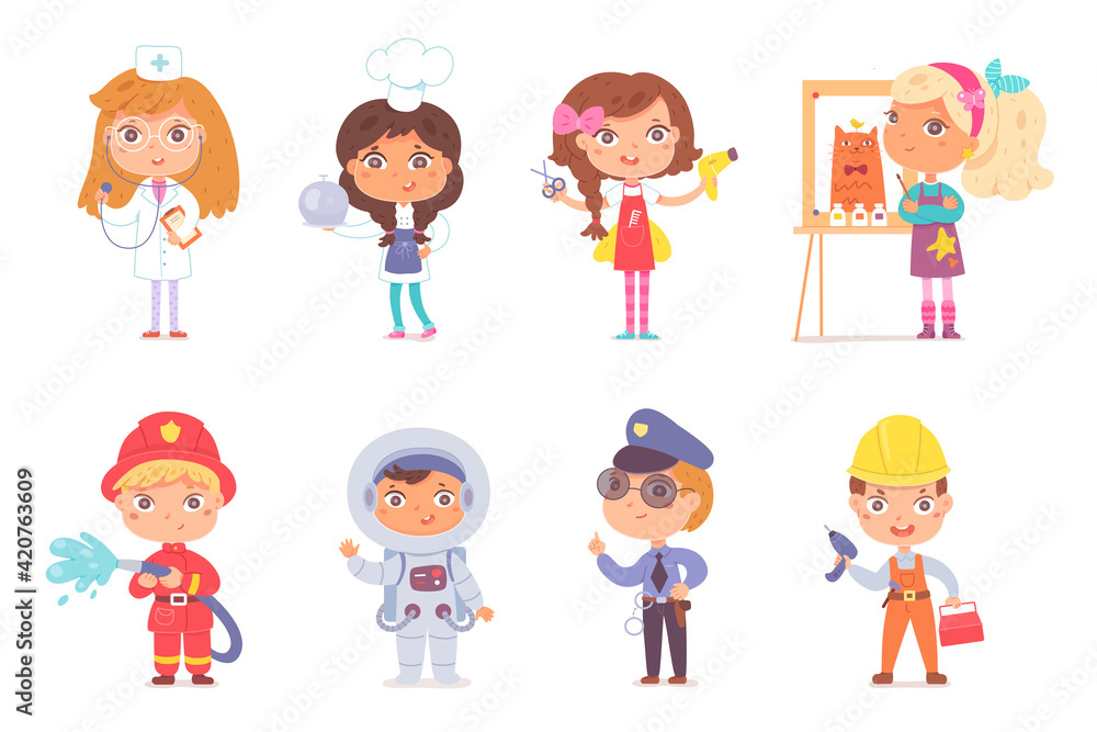 Kid professions set. Cute children with professional occupations vector illustration. Boys and girls as doctor, cook, hairdresser, artist, fireman, astronaut, police, builder on white background Kid professions set. Cute children with professional occupations vector illustration. Boys and girls as doctor, cook, hairdresser, artist, fireman, astronaut, police, builder on white background