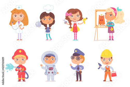 Kid professions set. Cute children with professional occupations vector illustration. Boys and girls as doctor, cook, hairdresser, artist, fireman, astronaut, police, builder on white background